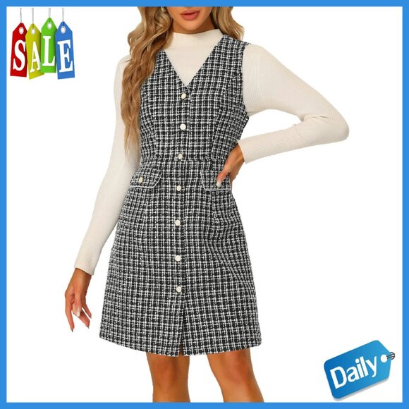 Vintage Tweed Pinafore Dress V-Neck Sleeveless Button Pockets Casual